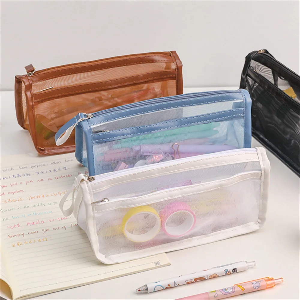 New Large Capacity Double-Layer Transparent Mesh Zipper Pencil Case Holder School Pen Box Office Supplies Stationery Storage