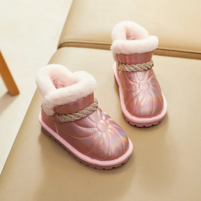 Children Snow Boots 2023 Winter New Waterproof Non-slip Girls Short Boots Rhinestones Sewing Versatile Warm Boys Kids Boots PU