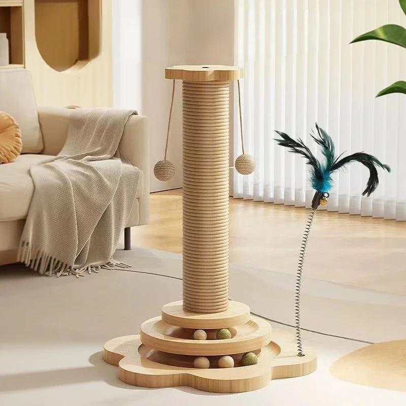 

4 IN 1 Pet Cat Interactive Toy Climbing Frame Integrated Sisal Scratching Post Cat Funny Stick with Turntable Interactive Toys