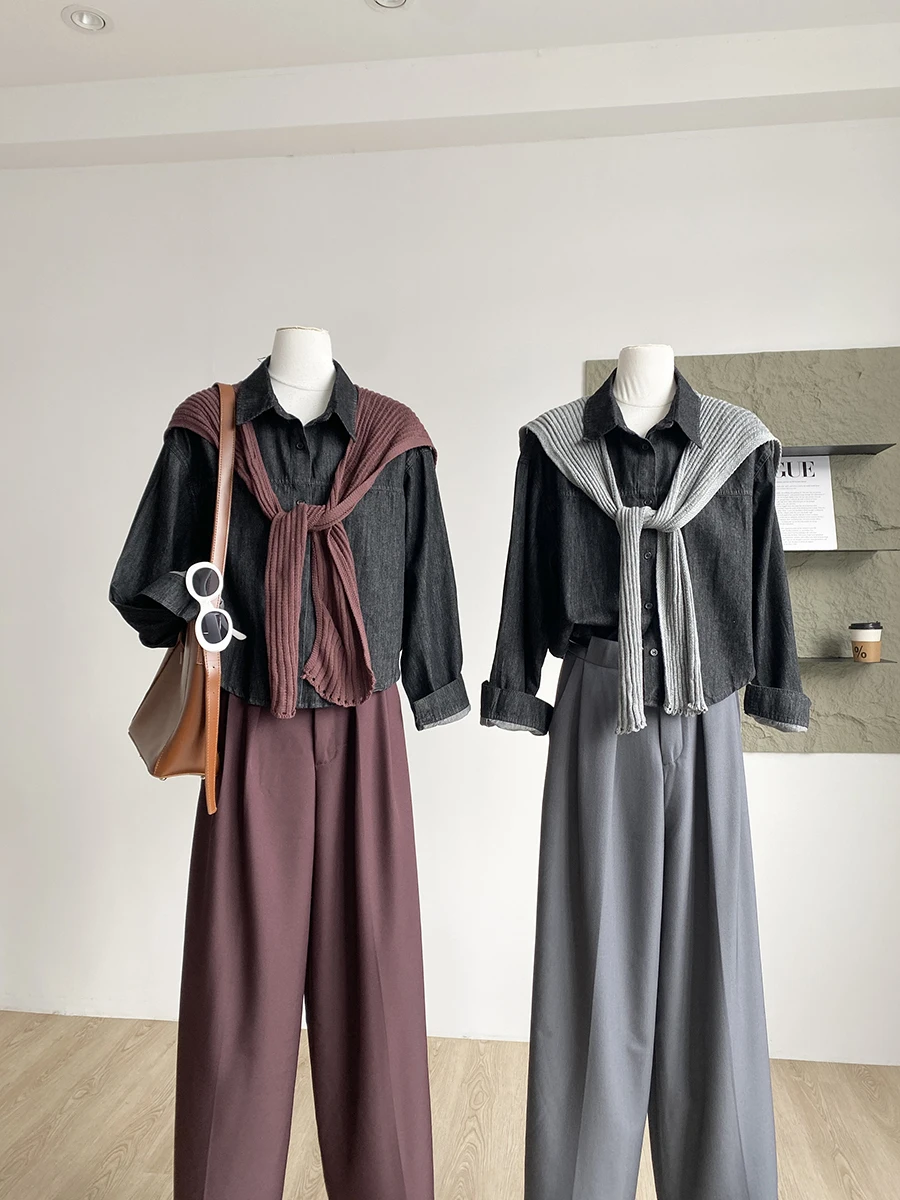 

Fashionable Korean Style Loose Long Sleeve Denim Shirt And Shawl Two Piece Set for Women Autumn 2025 Slimming Effect