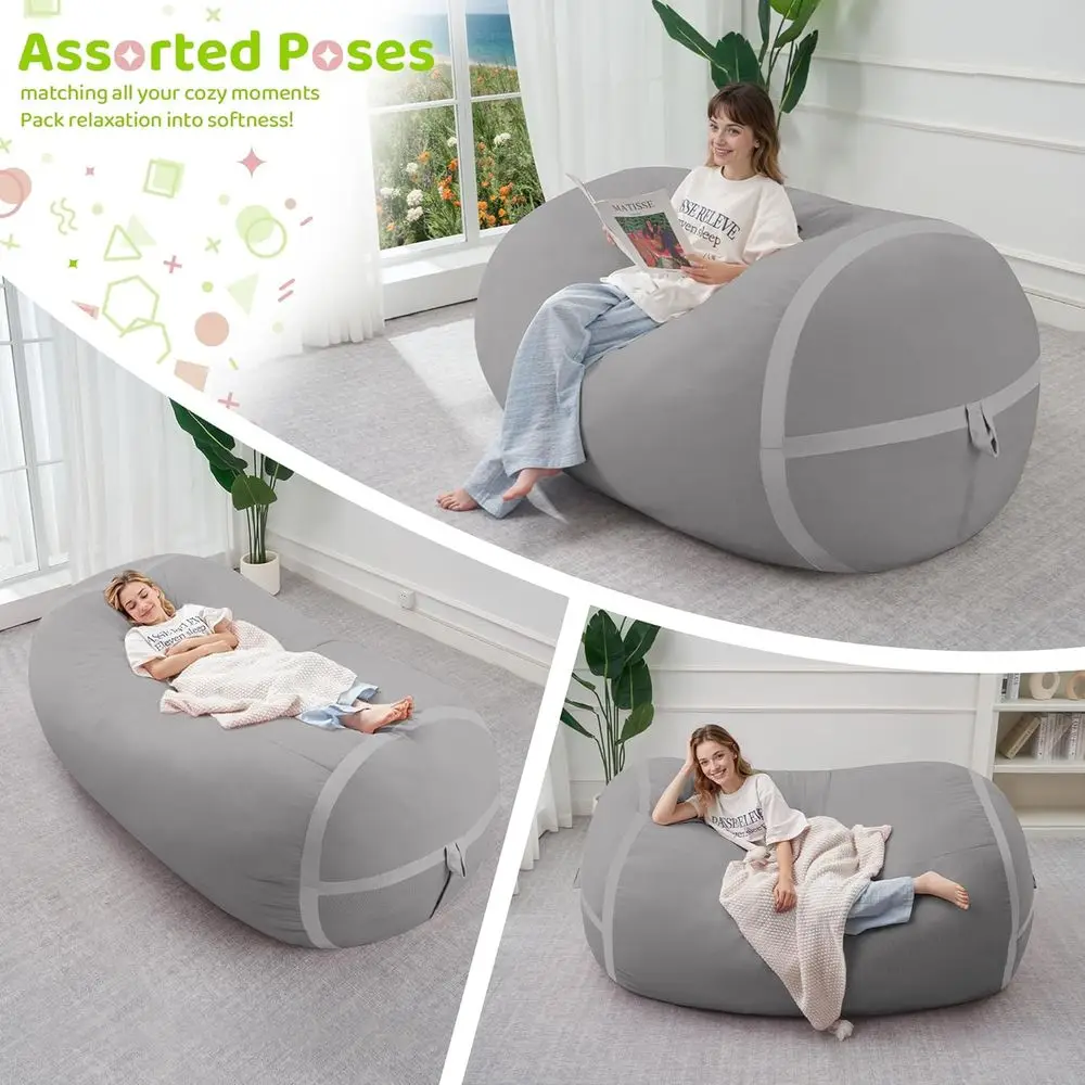 كرسي بين باج كبير مريح بطول 5 أقدام مع رغوة الذاكرة - رمادي فاتح للمعيشة وغرفة النوم وغرف القراءة #5