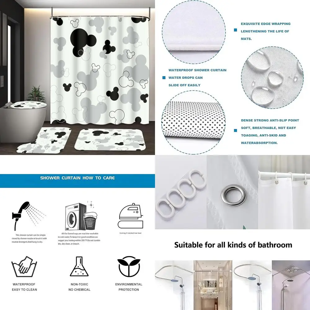 

Набор занавесок для душа из 4 предметов: коврики, крышка, коврик для ванной и крючки.