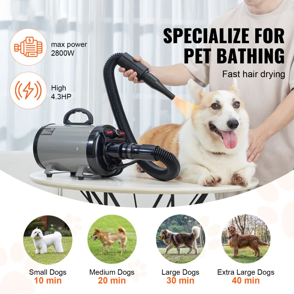 2800W/4.3HP Ye Dog Dryer with Adjustable Speed & Temperature Control, 4 Nozzles, Extendable Hose, Grey and Black for Pet Grooming