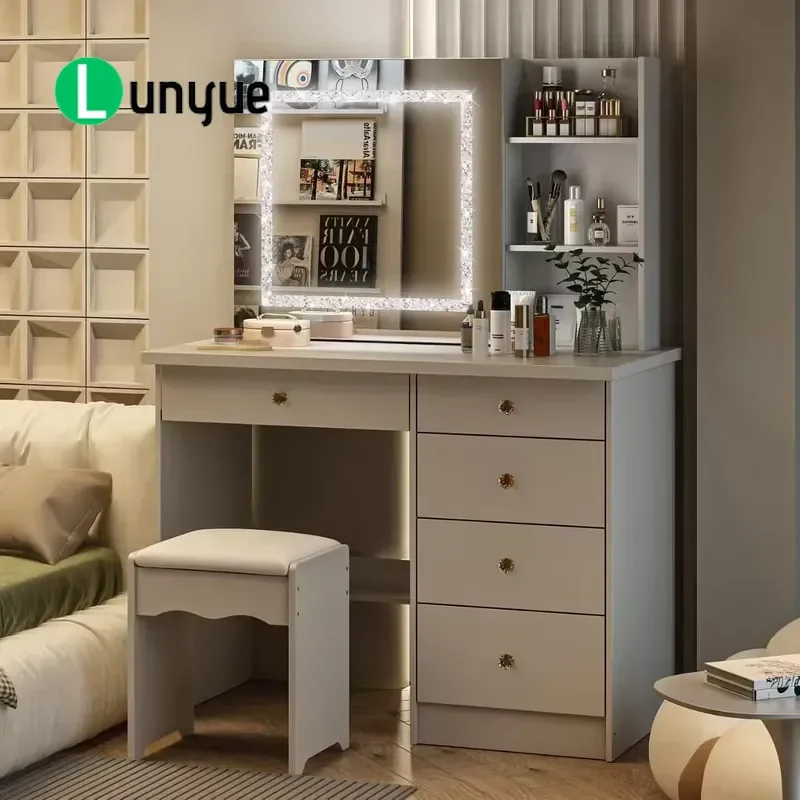 Modern LED Mirror Dressing Table with 5 Drawers MDF Wood Vanity Desk for Bedroom Furniture Storage Makeup Station