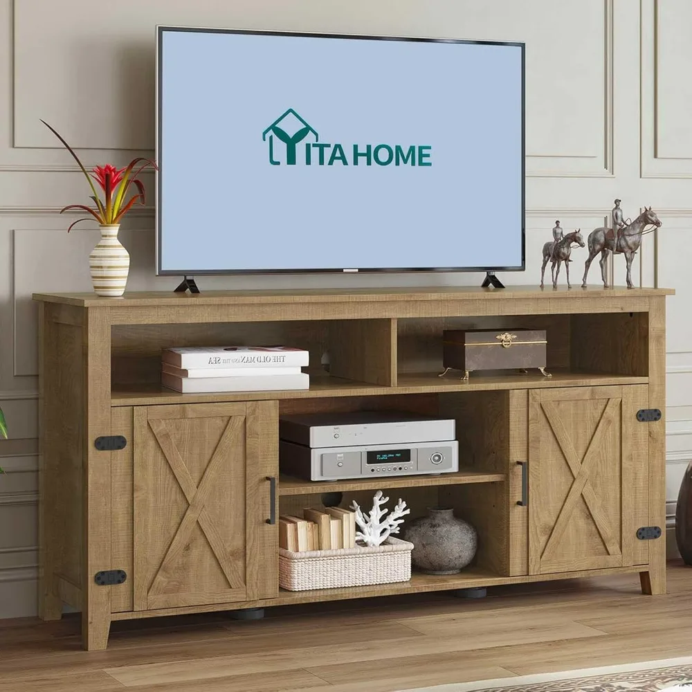 Support TV Highboy Farmhouse, porte de grange, TV 65 ", centre de divertissement moderne pour 300 artériel, rangement de console multimédia TV rustique