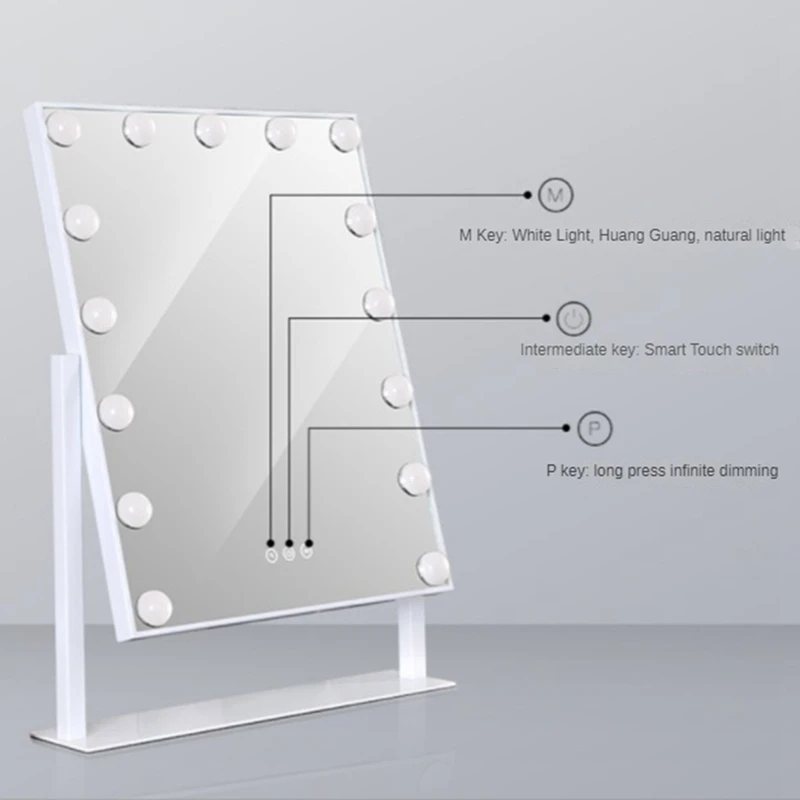 US Plug LED Live Mirror 15 Lights Standing Folding Vanity Mirror Compact Cosmetic Mirror With Touch Dimmer Switch