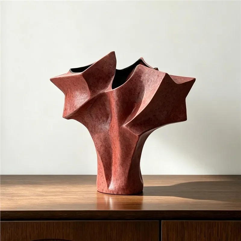 Modern Red Geometric Vase Irregular Shape Design Sense Home Decor Ornament for Dried Flowers Simple Advanced Living Room