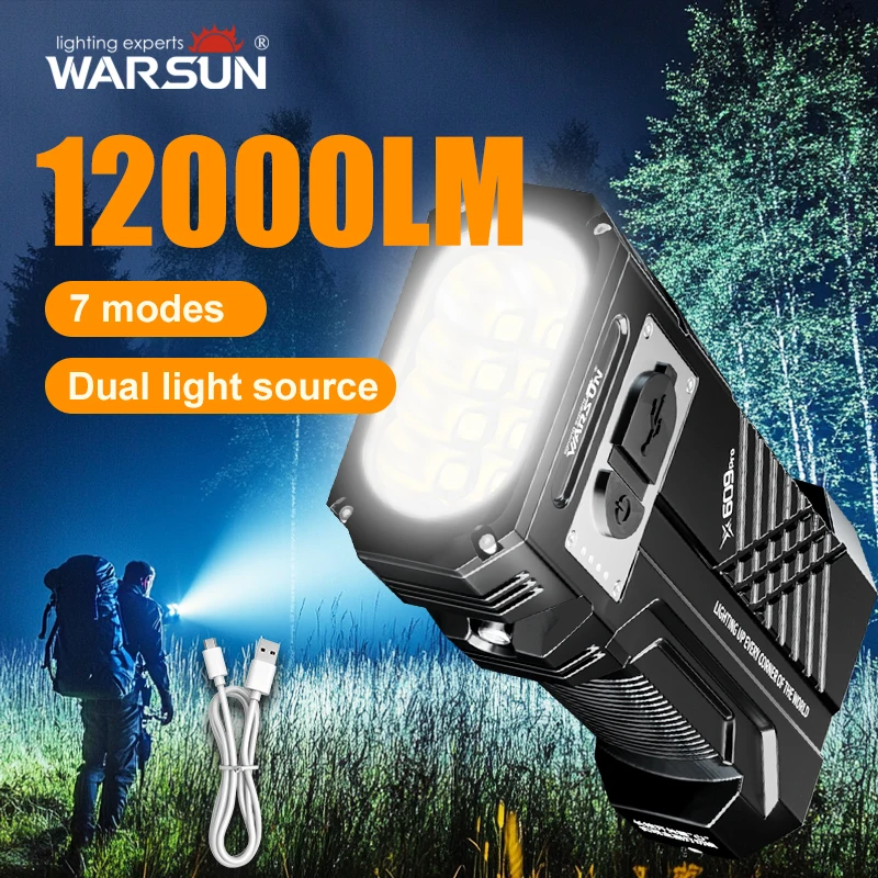 Warsun-Lampe de poche LED aste la plus injuste, lampe torche, DulLantern, longue portée, lampe à main pour le camping, 12000Lm