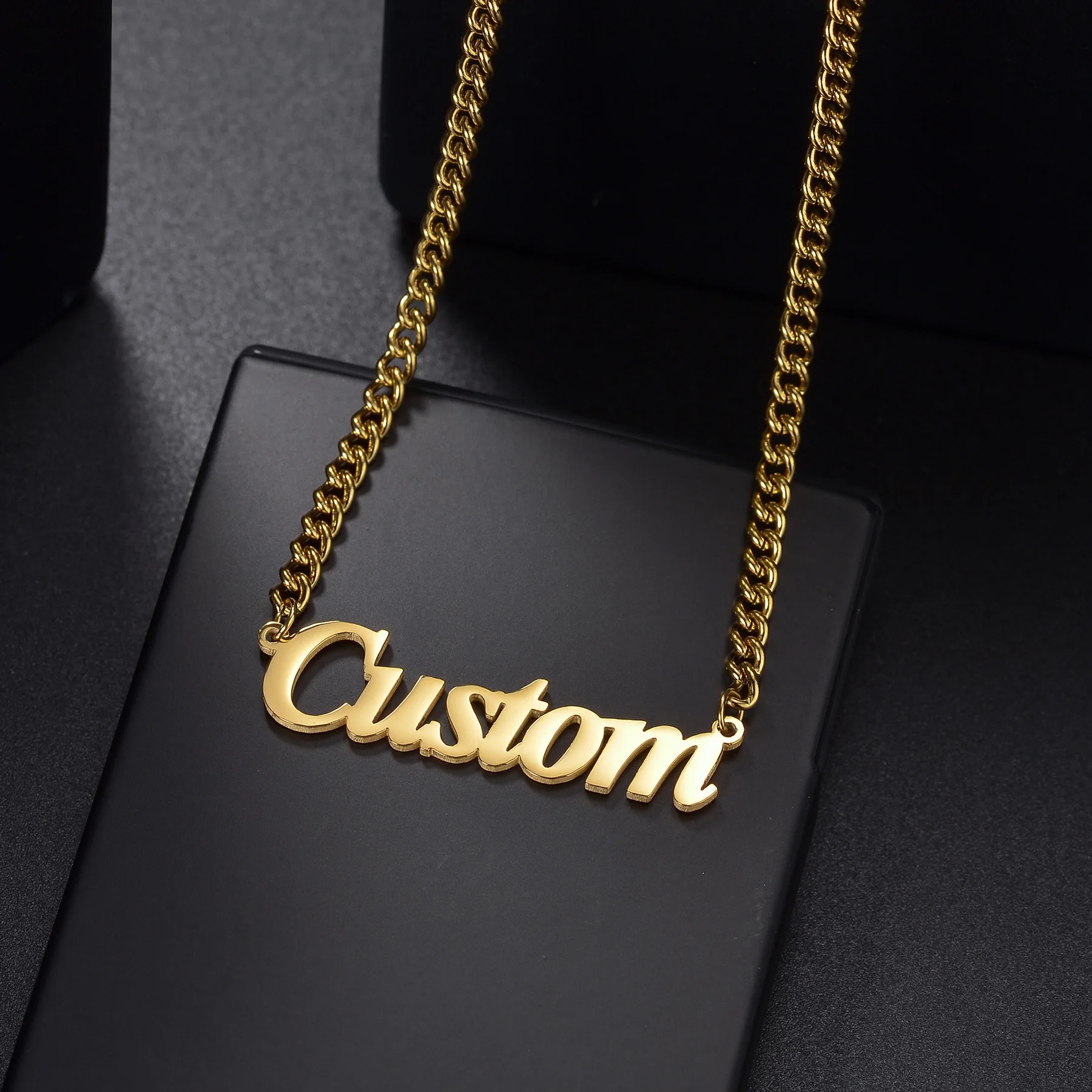 Custom Trendy Stainless Steel Names Date Necklaces for Women Men Personalized Lettes Thick Chain Pendant Nameplate Jewelry Gift