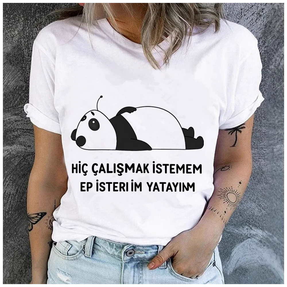 Cotton Cute Lazy Lying Panda Print Women T Shirt Turkish Funny Quote Text Graphic Casual Short Sleeve Ladies White Tee