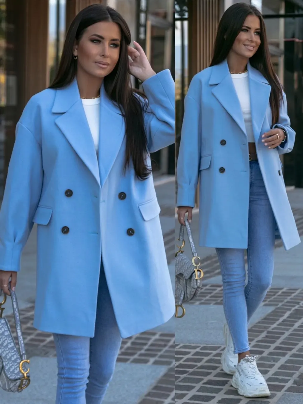 Women Notched Lapel Mid‑Length Coat Double Breasted Drop‑Shoulder Long Sleeve Oversized Loose Wool‑Blend Outerwear