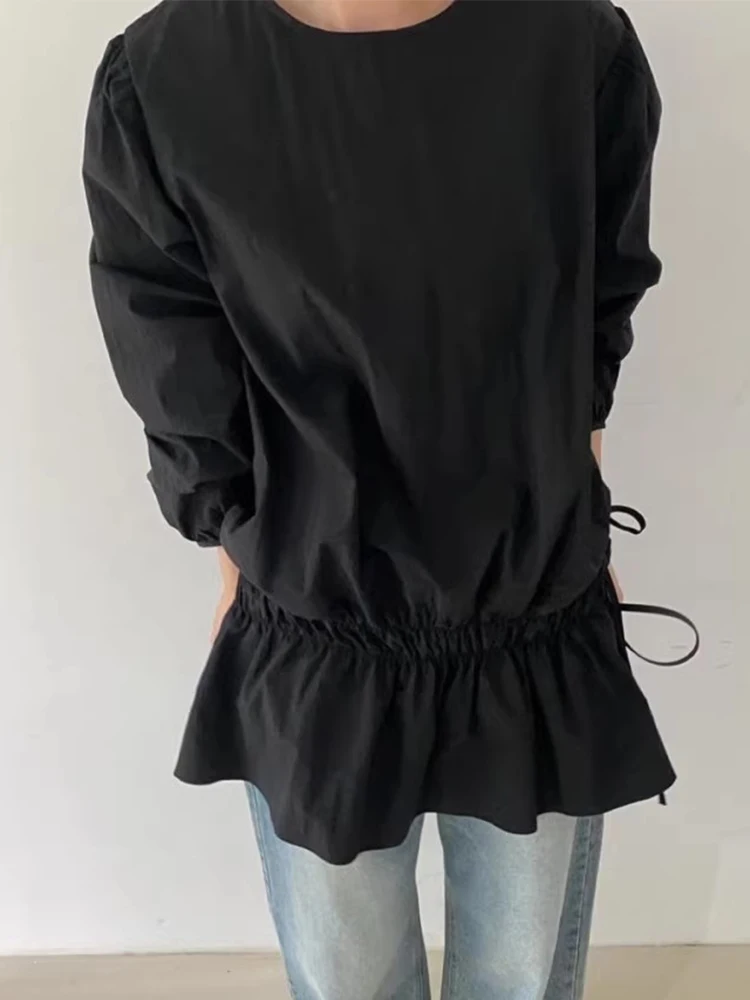 

Chic Early Spring Long Sve irt Women's round Ne Belted Versatile Lace Trim Top Korean Sle Loose Fit Commute Wear