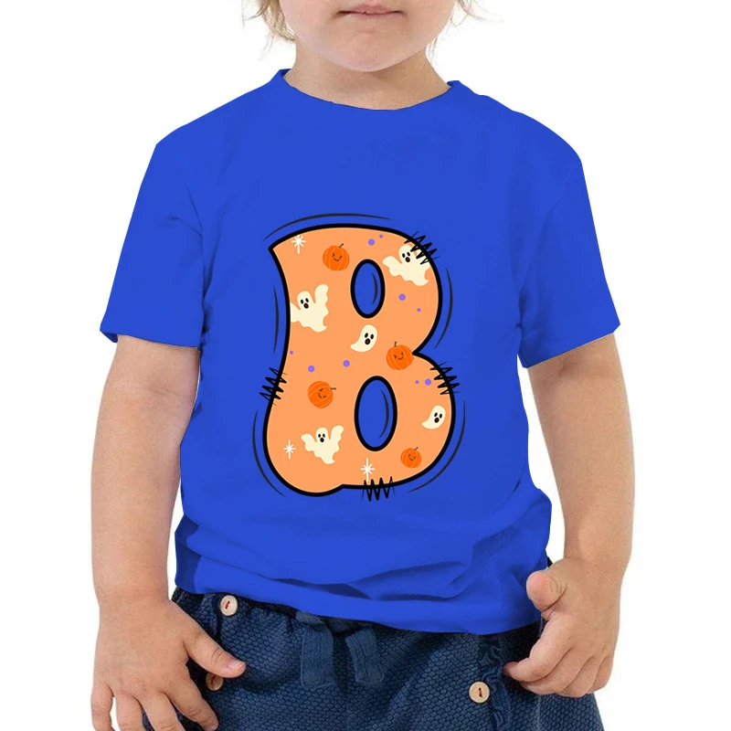 Children’s Cute Ghost Pumpkin Print T-shirt Cartoon Orange 26 Alphabet Blue Tshirt O-neck Short Sleeve Boy Girl Letter Tops Tees