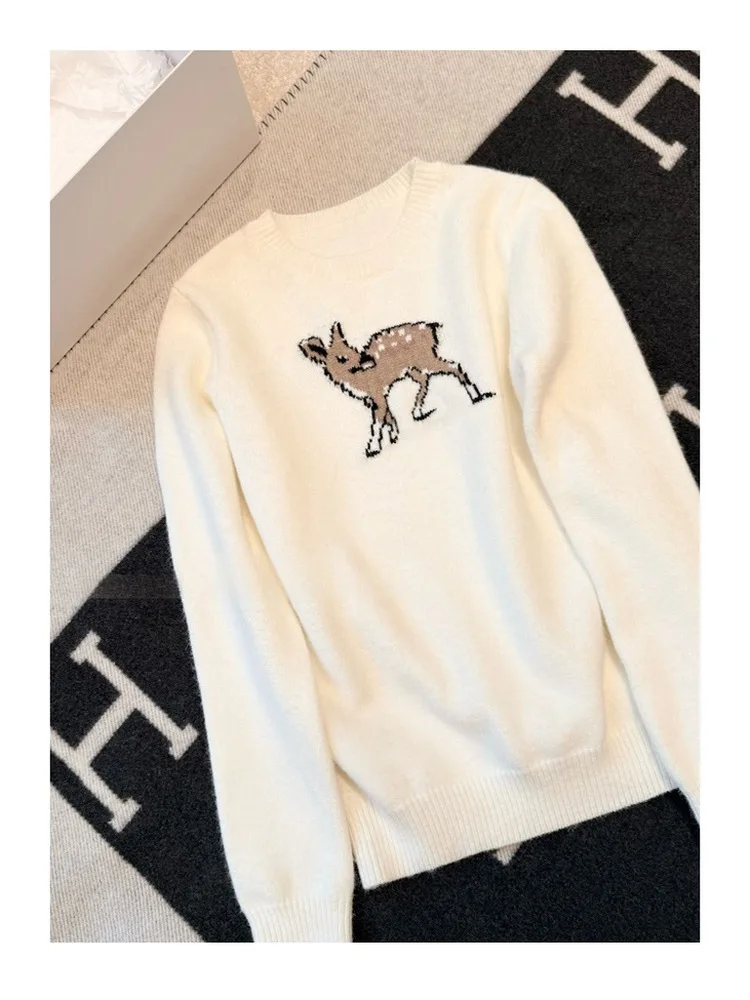 

Winter Knitted Sweater White Deer Pattern 25B Ski Series Casual Style Long Sleeve round Neck Knitwear for Women