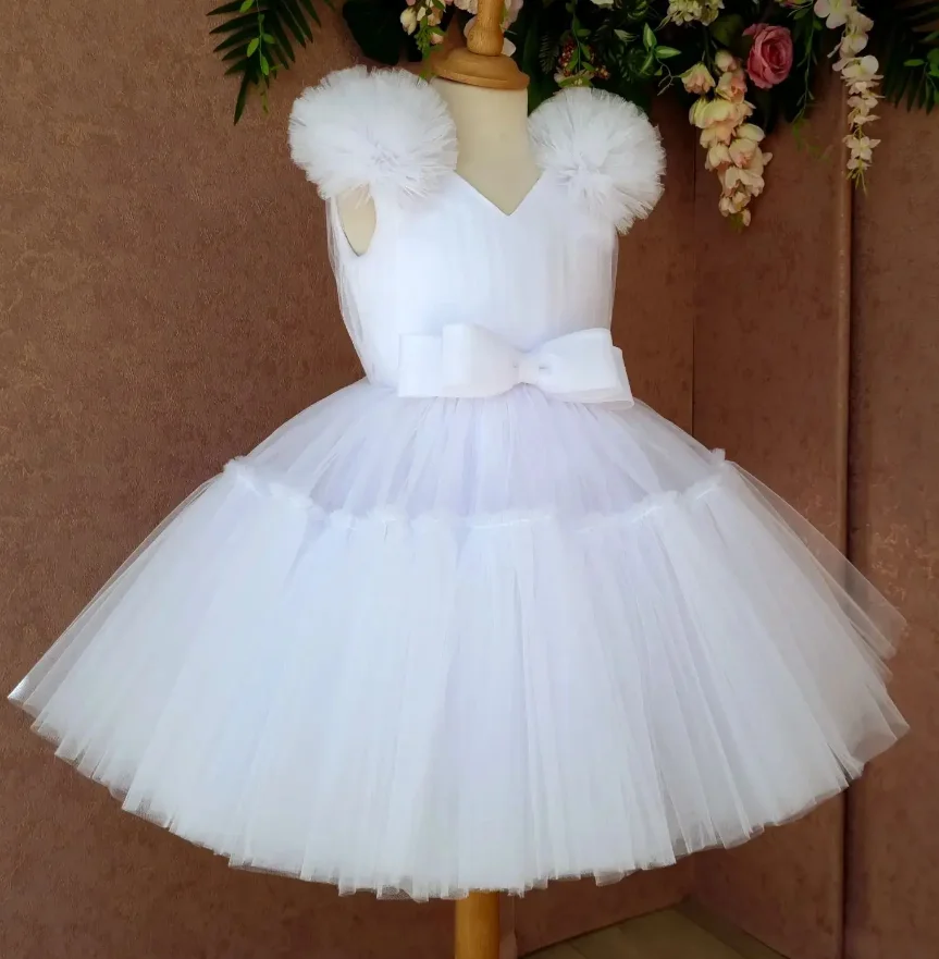 White Flower Girls Dress Puffy Tutu Outfit V Neck Princess Christmas Party Dress New Photoshoot Kids Gowns