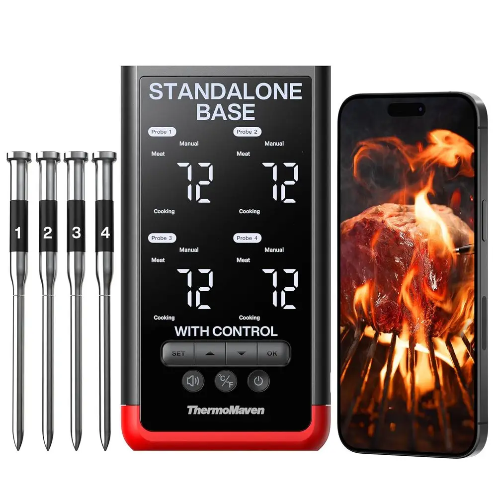 

Wireless Bluetooth Meat Thermometer: WiFi Standalone, 6 Accurate Sensors, 4 Probes for Cooking and Grilling
