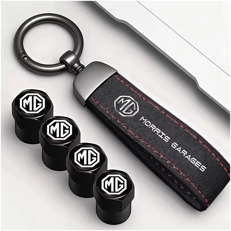 Car Tire Valve Cap Metal With Leather Car Keychain Tyre Stem Dust Protector For MG ZS MG4 EV MG HS MG3 MG5 EV Marvel R MG ONE