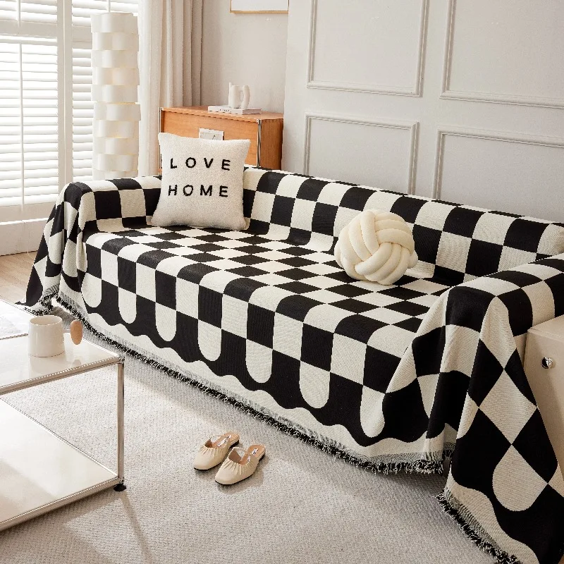 

Chenille Sofa Towel Black And White Checkerboard Sofa Cushion Universal Simple Black Cushion Backrest Towel Dust Cover Cloth