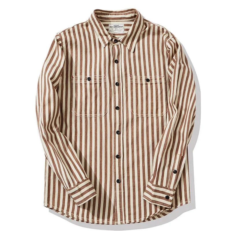 New OKONKWO vertical striped shirt American retro men's workwear Washed Cotton long-sleeve Amei Khaki