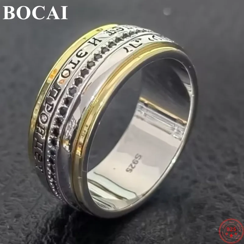 BOCAI S925 Sterling Silver Rings for Men New Fashion Vintage Letter Totem Rotatable Luck Zircon Pure Argentum Punk  Jewelry