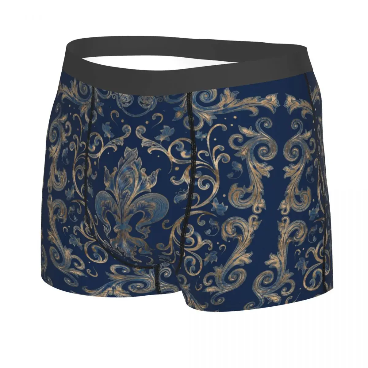 Custom Vintage Fleur De Lis Ornament Blue Marble And Gold Boxers Shorts Men's Luxury Sacred Lily Flower Briefs  Underpants