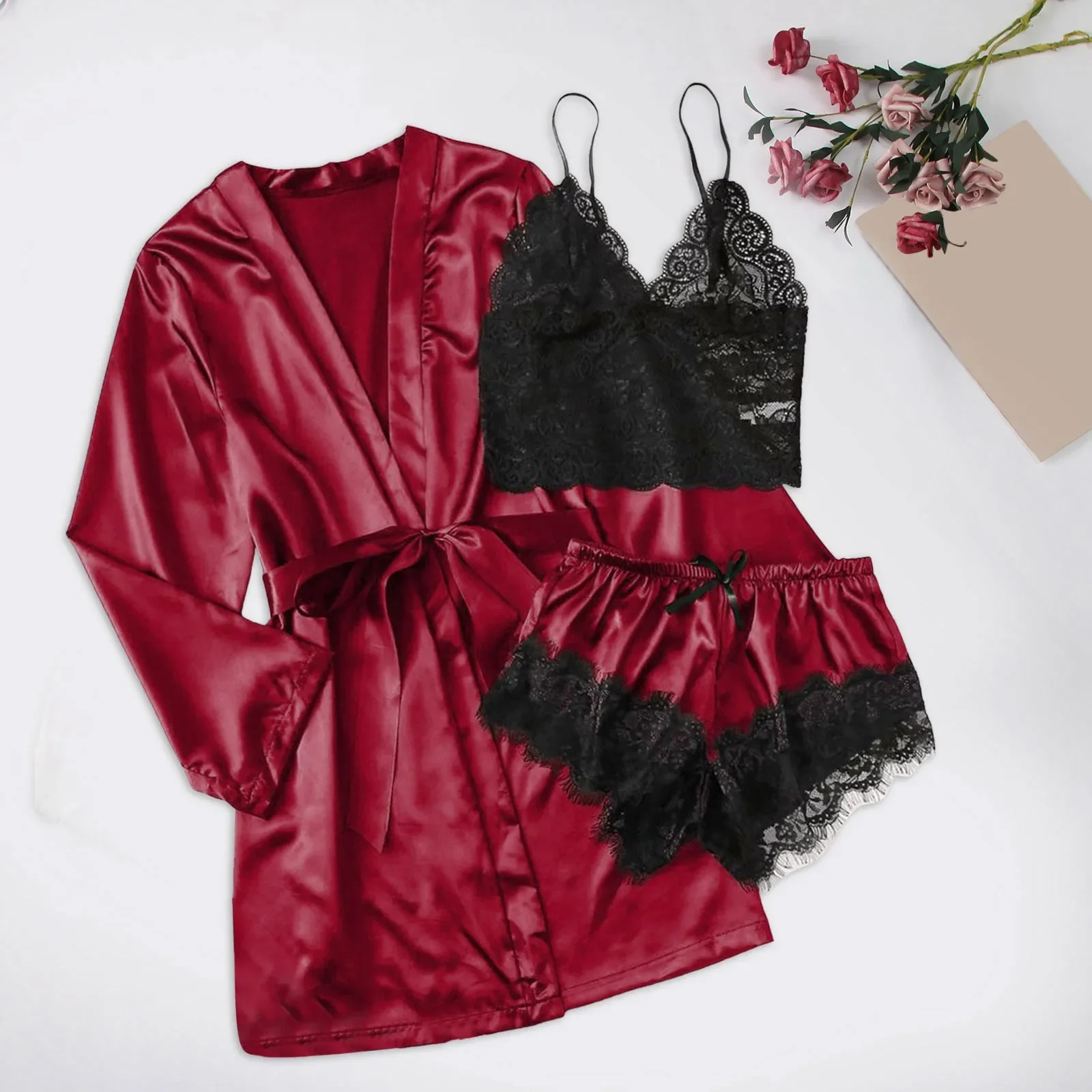 

2024 Sexy Women's Pajamas Satin 3-piece Lace Silk Suspender Tops Shorts Robe Pajamas Set Nightgown Underwear Nightdress Suit