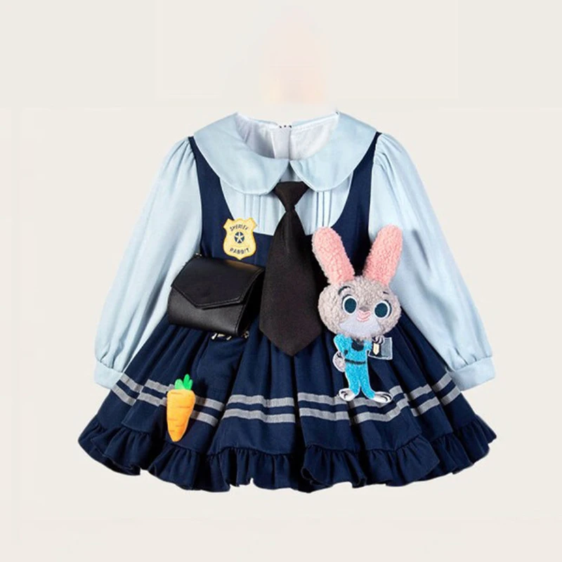 

Girls Officer Bunny Judy Dress 2026 New Cartoon Contrast Color Long Sleeves Dresses Children's Disney Princess Dresses