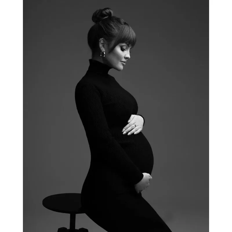 

Maternity Turtleneck Long Sleeve Bodycon Dress - Elegant Ribbed Maxi Gown for Baby Shower & Pregnancy Photoshoot فساتين حوامل