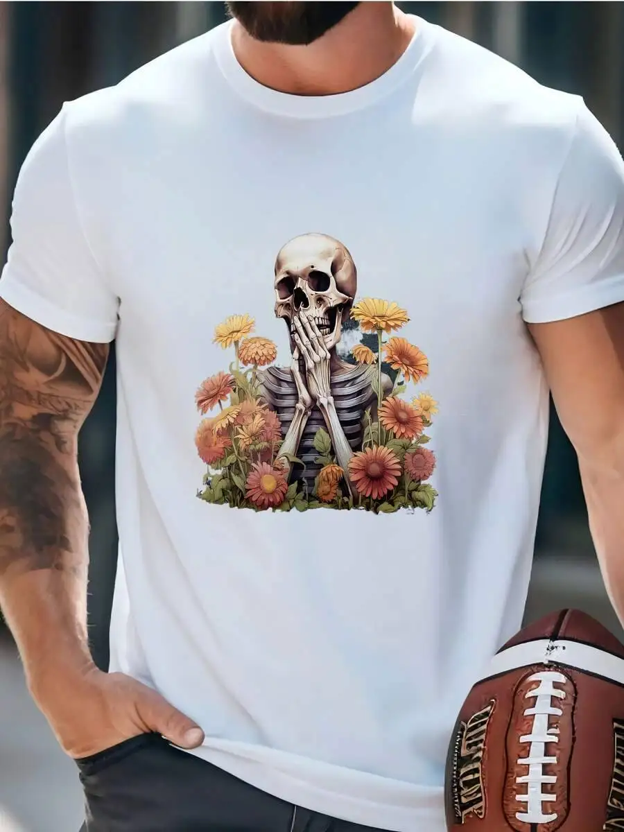 Mens Skeleton T Funny Fall Shirt, Party Shirt T-Shirt 100% Cotton Trendy Y2K Short-Sleeve Tee-Soft, Quick-Drying,