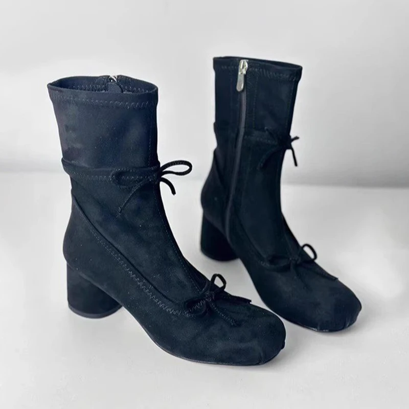 

Женские ботильоны с бантом, замшевые туфли на высоком каблуке, элегантные модельные туфли-лодочки, зимние массивные ботинки, новинка 2025 года, ботинки челси, Zip Mujer Snow Botas