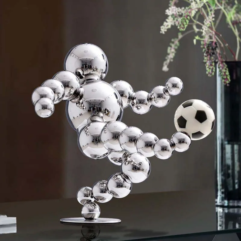 Creative Spirit of Football Sculpture Mirror‑Polished Stainless‑Steel Sphere Statue Decor Ornament for Cabinet Office Desktop