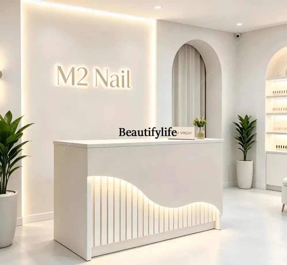 J132 Elin Modern LED Fluted Salon Reception Desk,a fluted base—designed for beauty salons, spas & clinics.