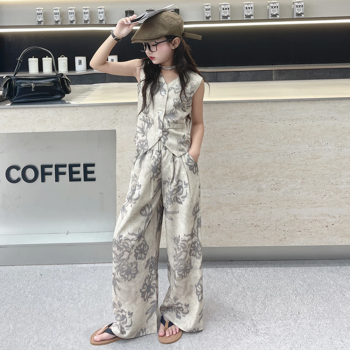 summer teen girls clothes sets Ink wash painting vest+Wide leg pants 2pcs 10 12 14 kids suit child clothing outfits kız setleri