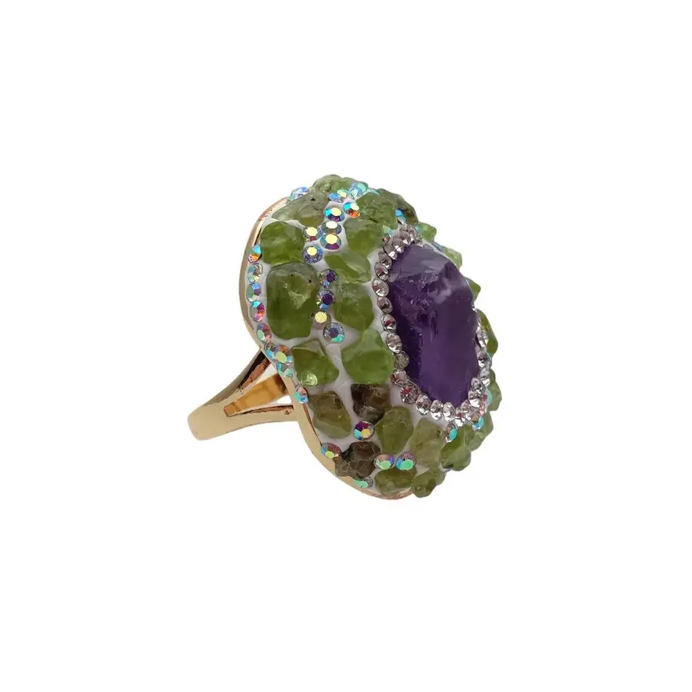 Y·YING Natural Amethyst Rough Raw Peridot Finger Rings Anniversary Women Jewelry Adjustable