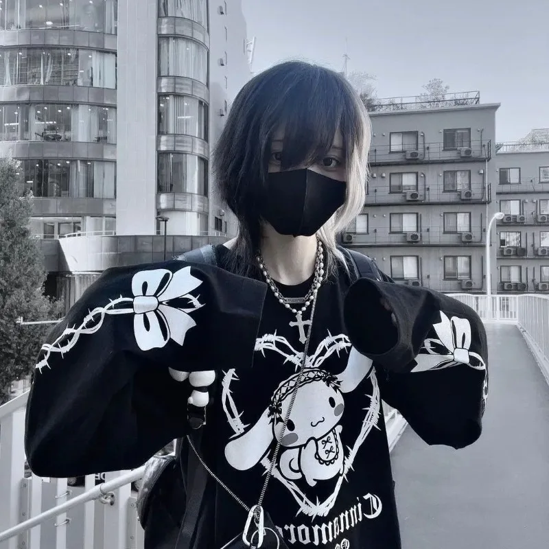 Damska koszulka z długim rękawem Sanrio Cinnamoroll, bawełniana bluzka z nadrukiem kokardki, jesienno-zimowa, modna, ciepła, luźna, z długimi rękawami.