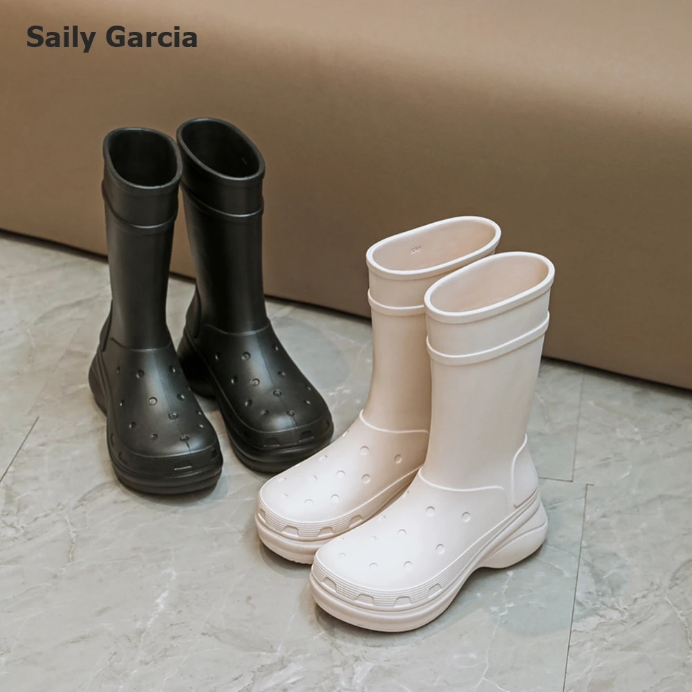 

Solid Round Toe Matte Mid Calf EVA Injection Rainboots Waterproof Platform Breatahable Boots Casual Simple Mid Heels Shoes