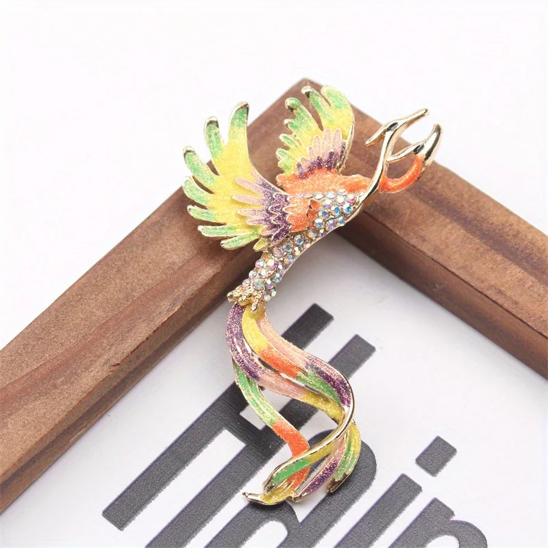 Fashion Delicate Brooch Rhinestone Hundred Birds Long Tail Phoenix Pin Color Painting Oil Suit Accessories