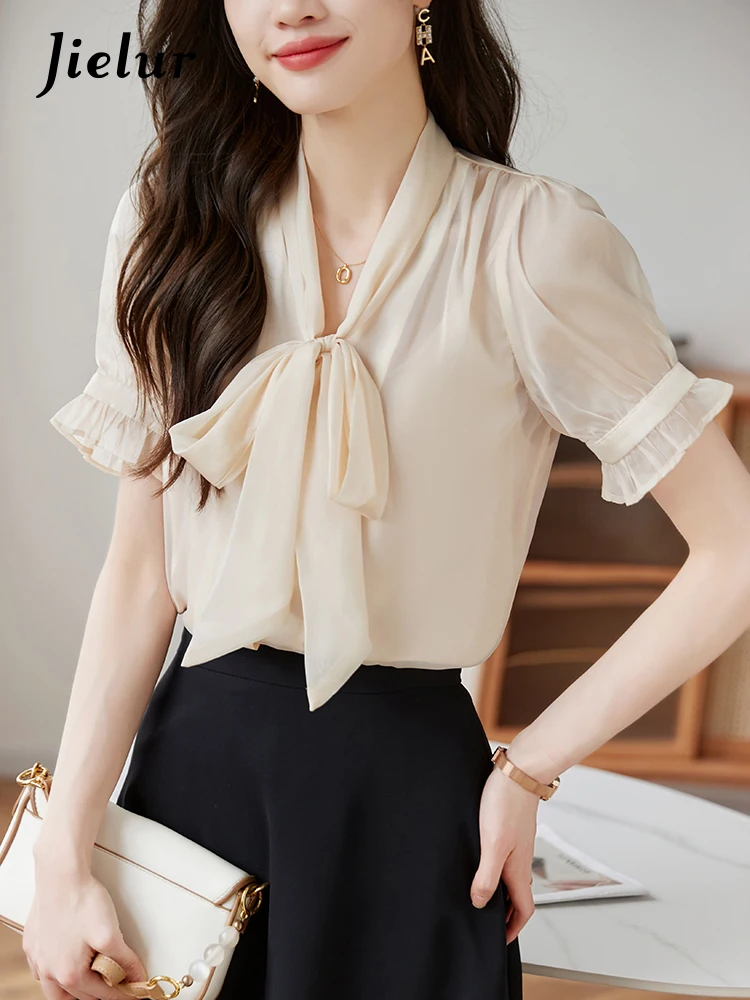 

Jielur Camis Two-Piece Solid Color Shirt Office Lady Chiffon Princess Sleeves Bow Female Shirts Slim Elegant Women's Blouses