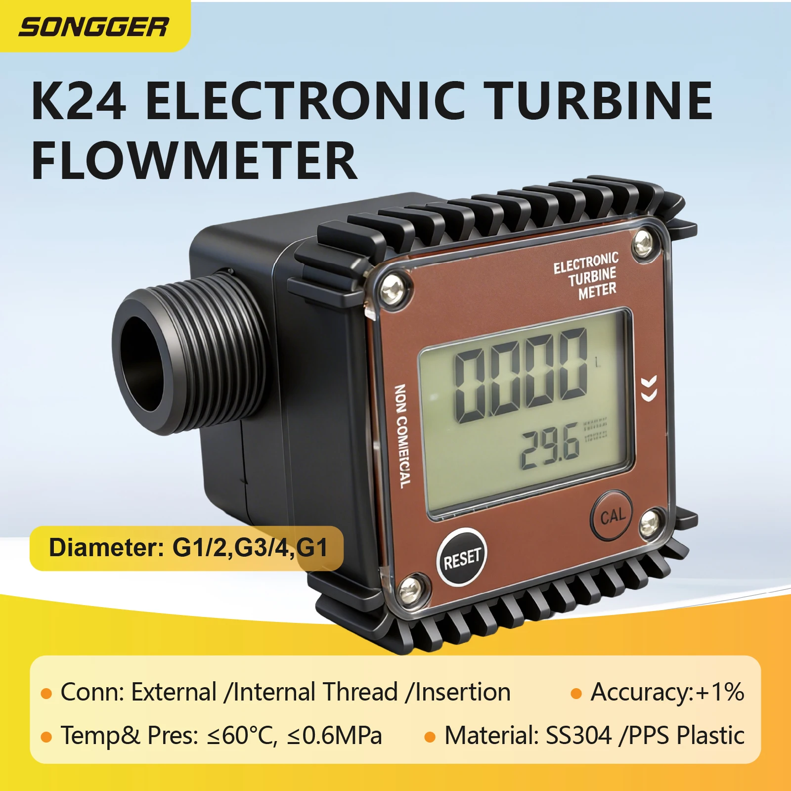Electronic Turbine Flowmeter Liquid Flow Meter for Diesel Water Methanol Inline LCD Display 1 Inch High Accuracy