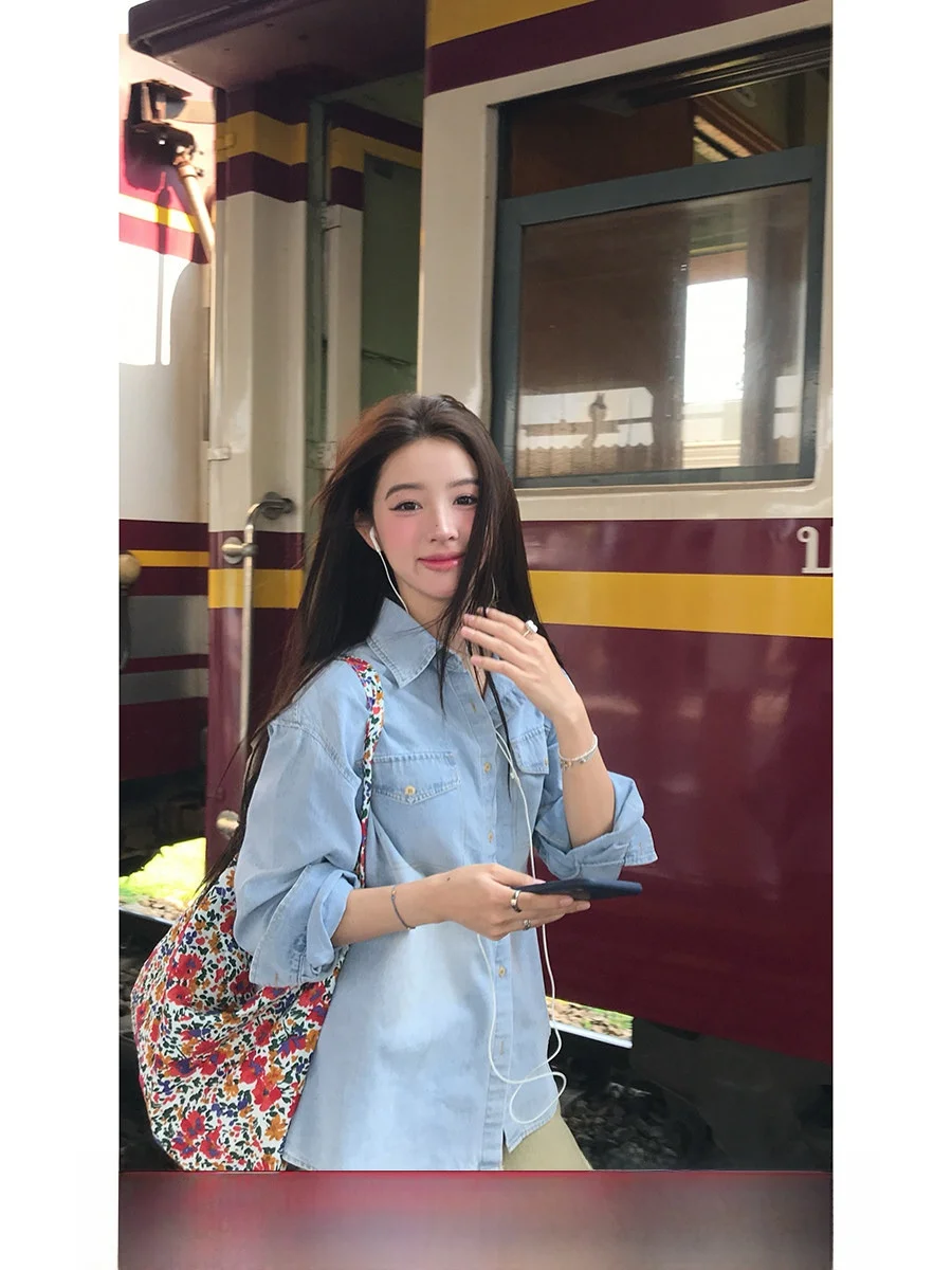 

Sinbounboun French Sle Loose Fit Long Sve Collar Denim irt Women's Casual Layering irt Spring Collection