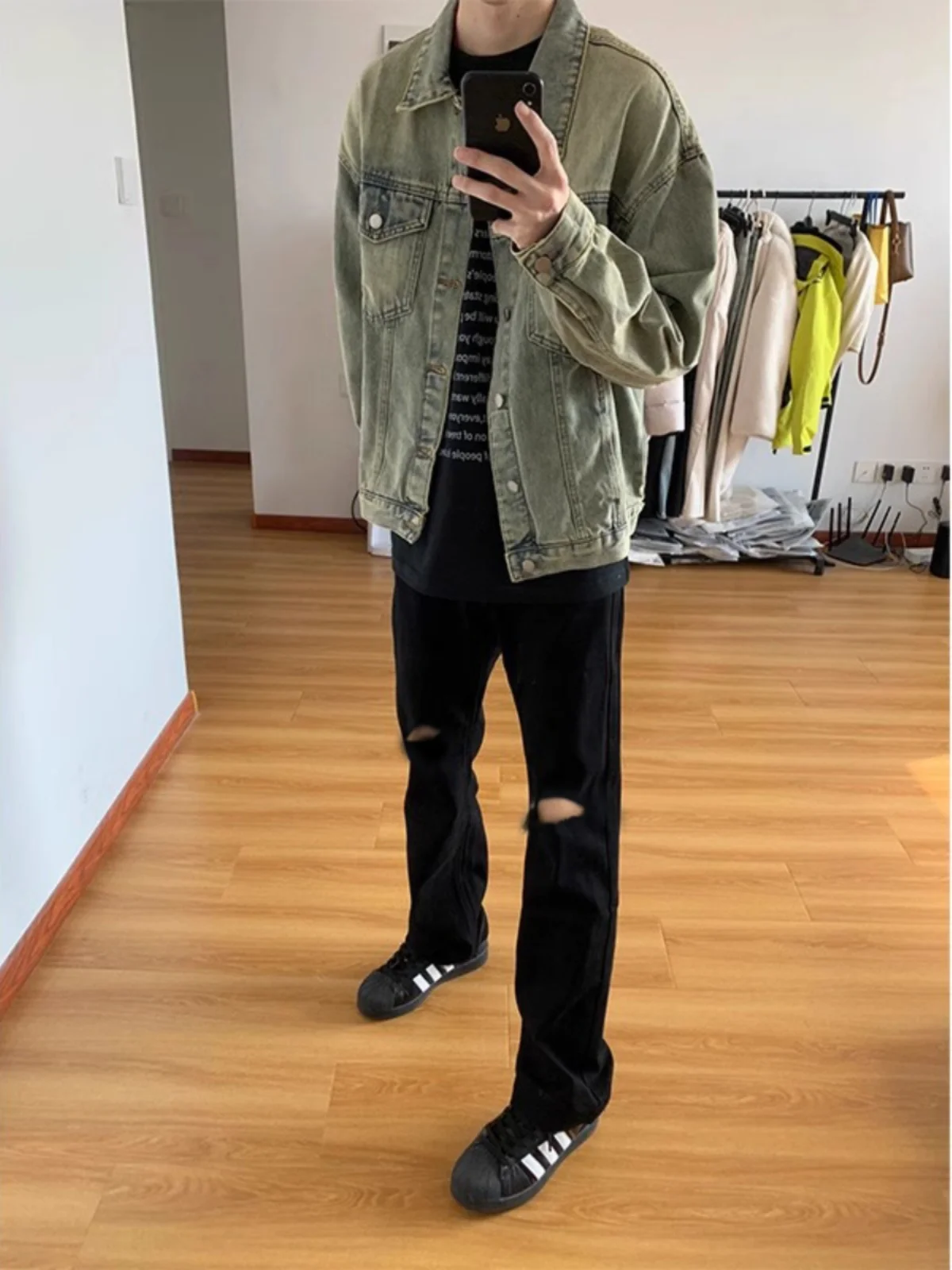 

Black Hole Ripped Straight Leg Jeans Men's Summer Tall Extended Version American High Street Long Pants Youth Trend Wear Resi...