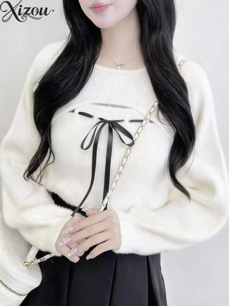 

Пушистый вязаный свитер, женский милый свитер на шнуровке с бантом, круглый вырез, длинный рукав, повседневный пуловер, японский мягкий теплый кардиган