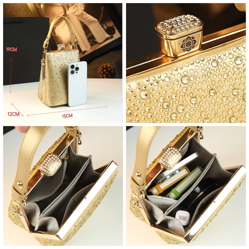 المرأة حقيبة الهاتف المحمول حقيبة كروسبودي 2025 جلد طبيعي عمودي حقيبة يد صغيرة الماس كريستال حجر الراين كليب حقيبة كتف #4