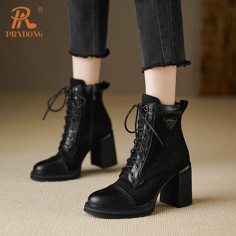 PRXDONG 2023 New Brand Autumn Winter Warm Ankle Boots Shoes Chunky High Heels Lace Up Dress Party Work Female Riding Boots 34-40