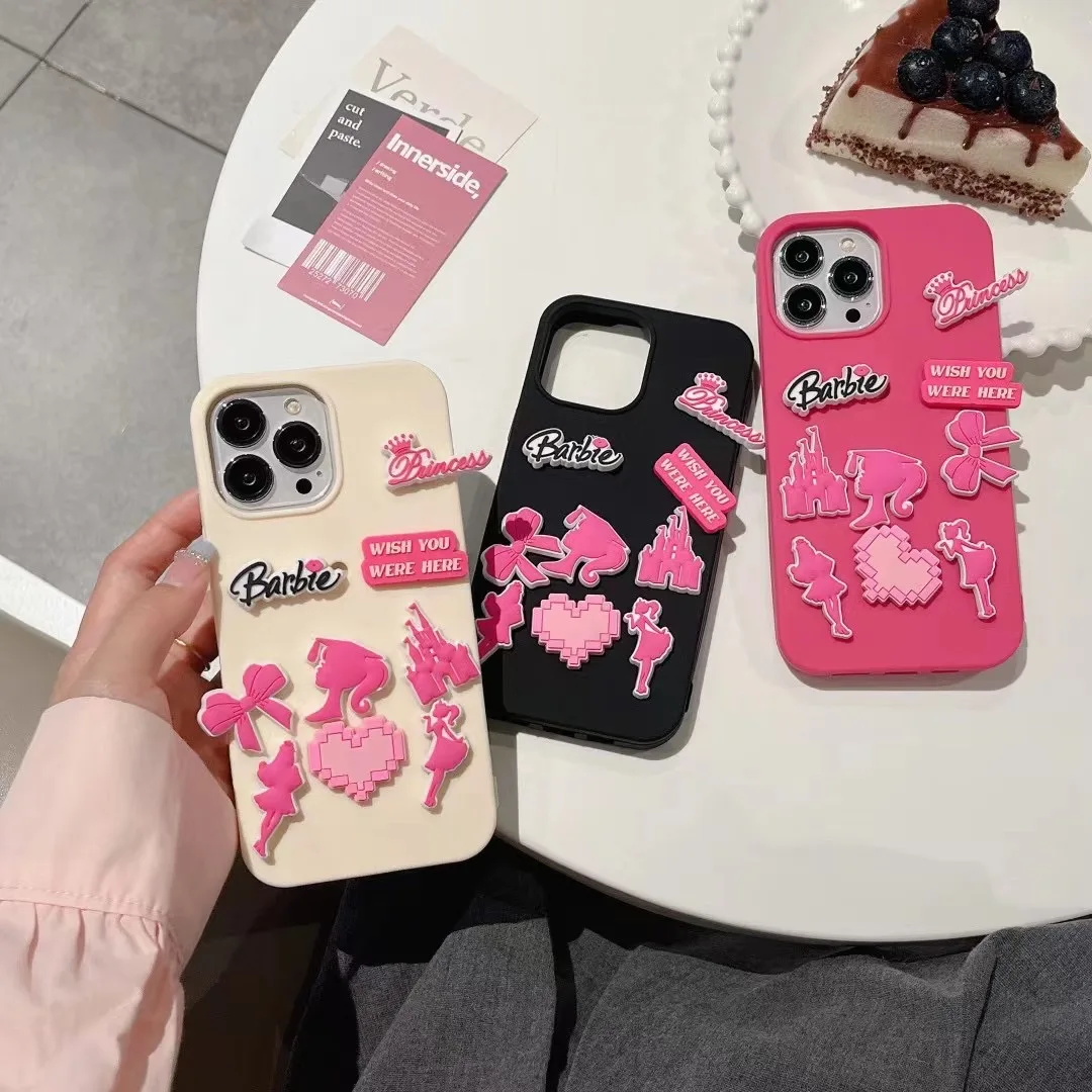 3D Cartoon Barbies Princess DIY Stereoscopic Phone Case for IPhone 15 14 13 12 11 Pro Max Silica Gel Soft Back Cover Funda