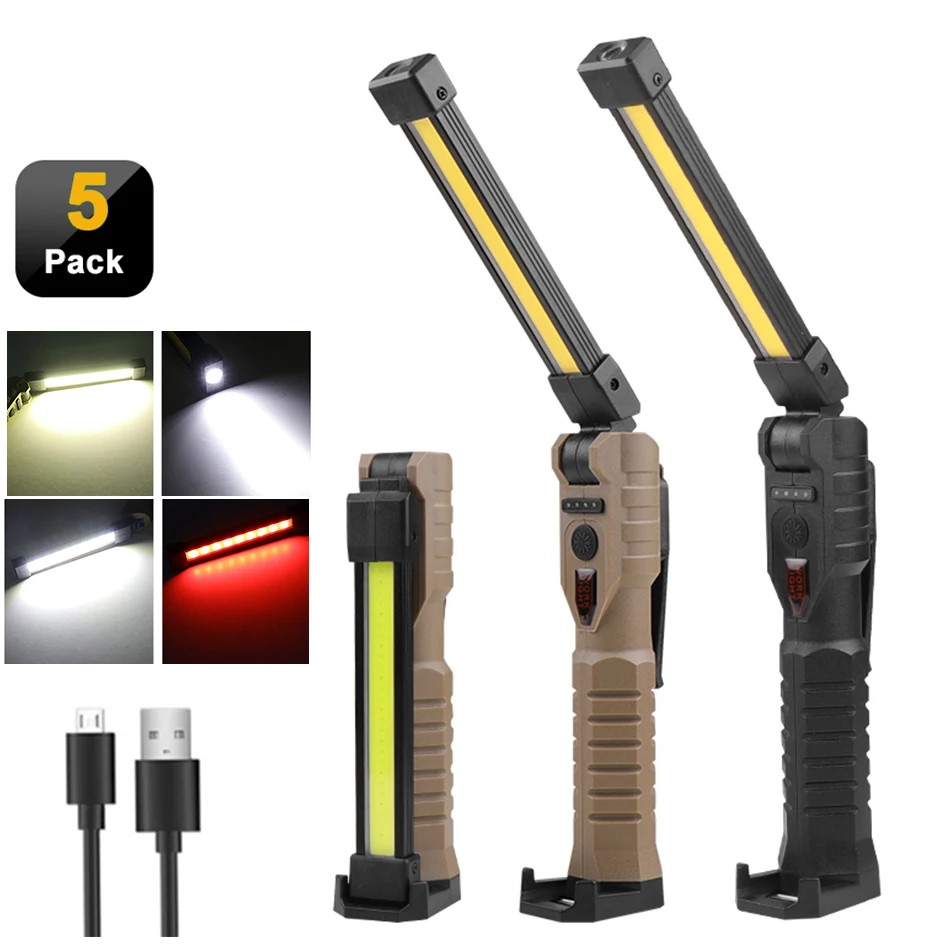 Luz de trabajo LED COB plegable, linterna de inspección magnética portátil, recargable por USB, para acampar al aire libre, reparación de automóviles
