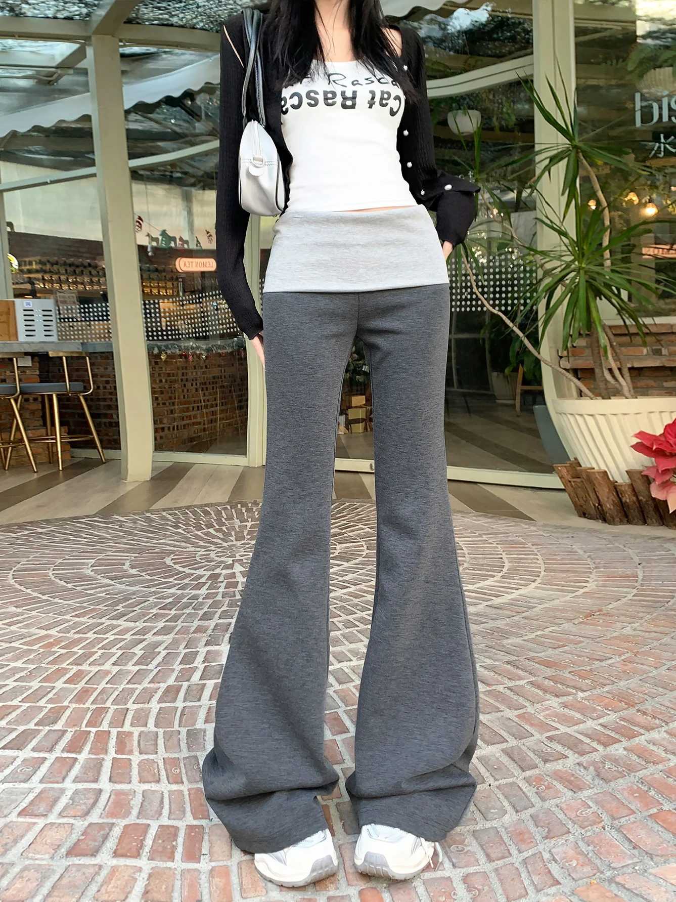 패셔너블 캐주얼 요가 팬츠 패치워크 모 투피스 슬리밍 하이웨이스트 벨보트 한국 스타일 45 50 사이즈 XS