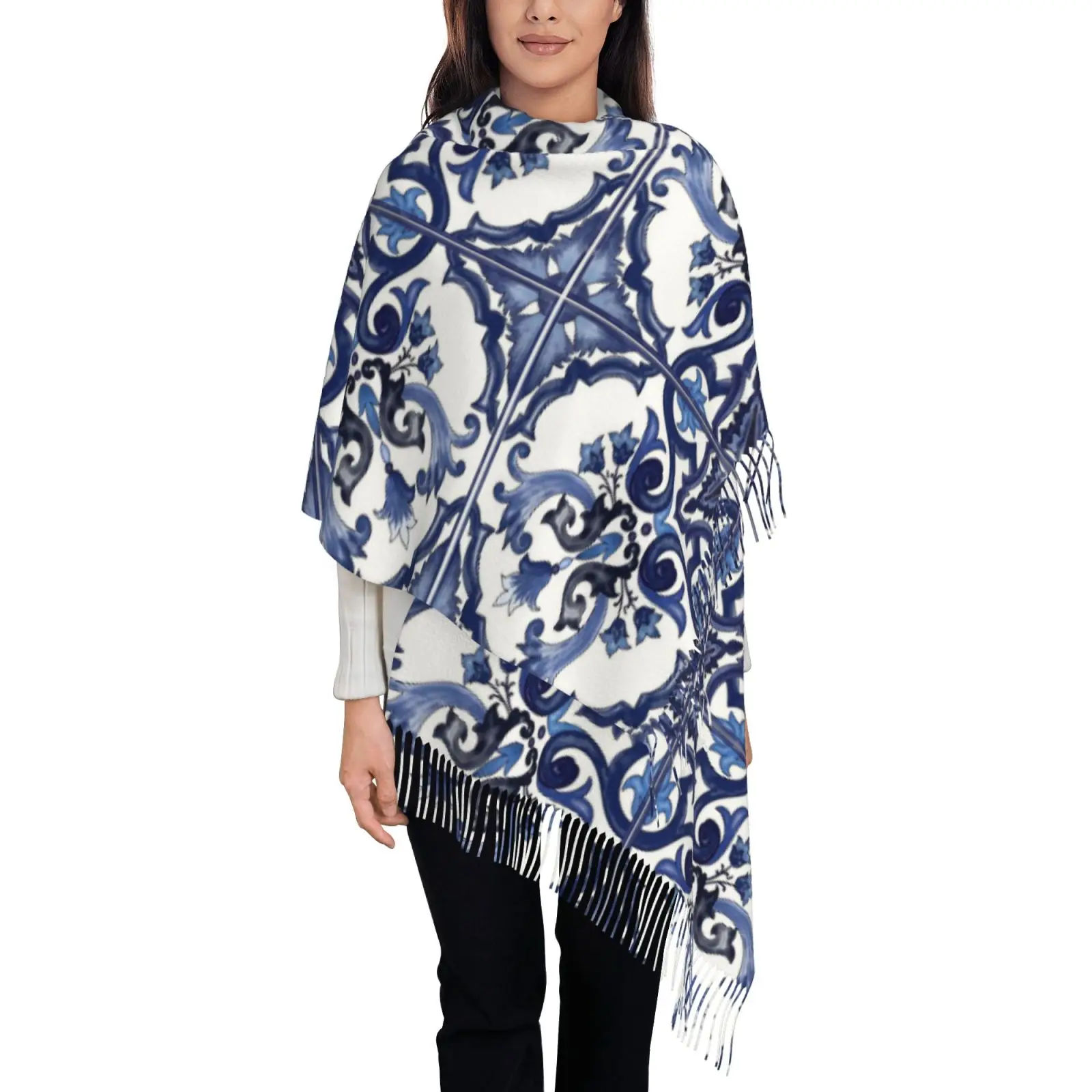 Women Blue And White Porcelain Print Shawl Scarf, White Base Tassel Large Wrap, Soft Fashion Ladies Casual Cape Scarves