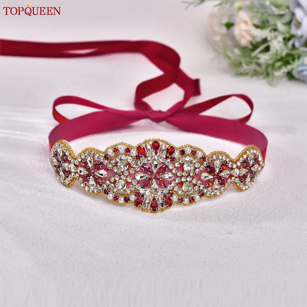 TOPQUEEN Vielseitiger roter Strassgürtel für Damen, Brautaccessoires für Abschlussball, Party, Abendkleider, Taillenzubehör, Hochzeitsschärpe