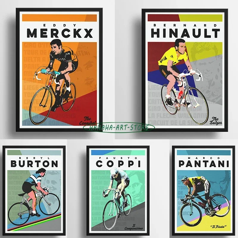 Póster artístico de ciclismo, póster en lienzo de Bernard Hinault Eddy Merckx Fausto Coppi Beryl Burton Marco Pantani Biker, decoración de pared